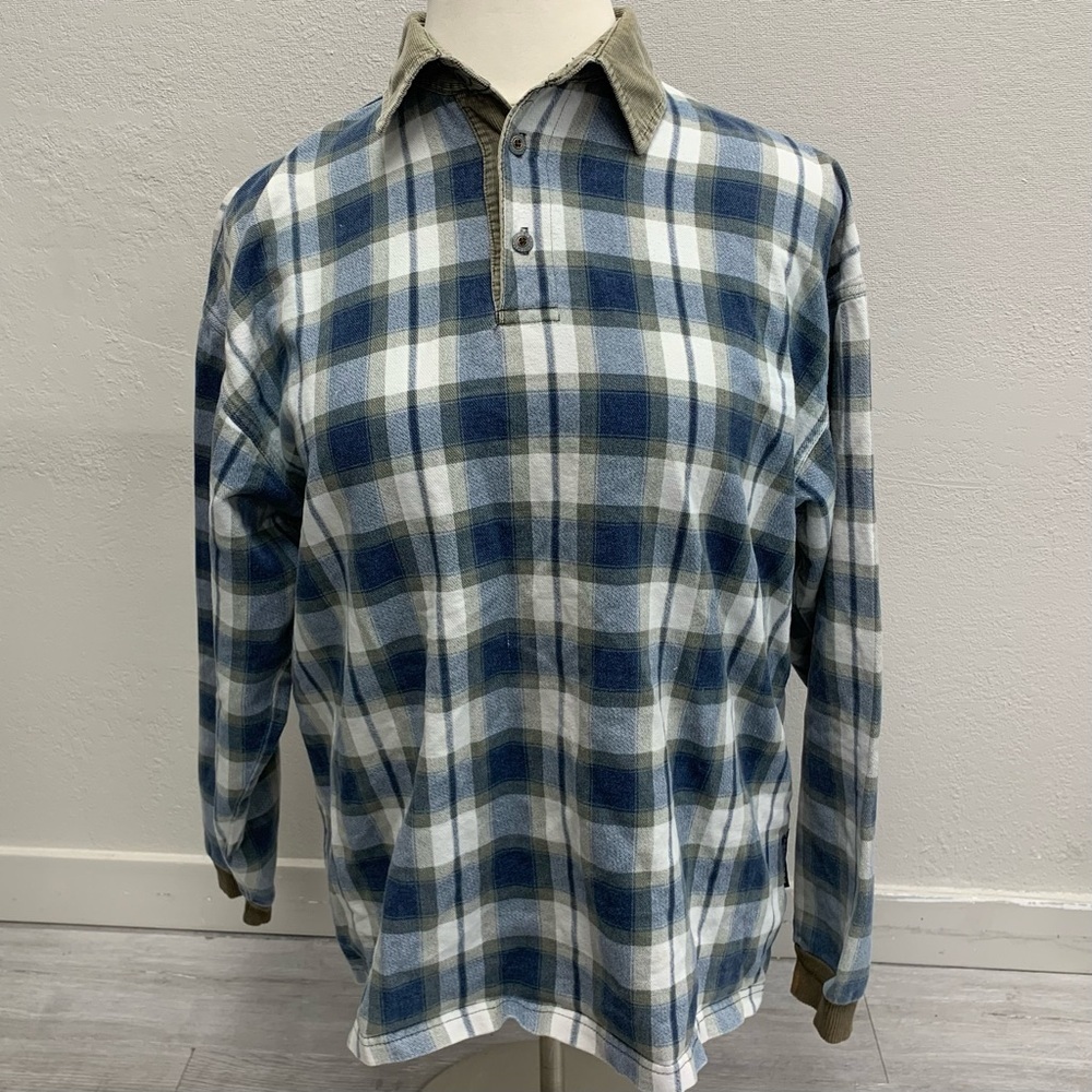 VINTAGE Y2K Structure blue plaid polo rugby shirt with a corduroy collar. Size L